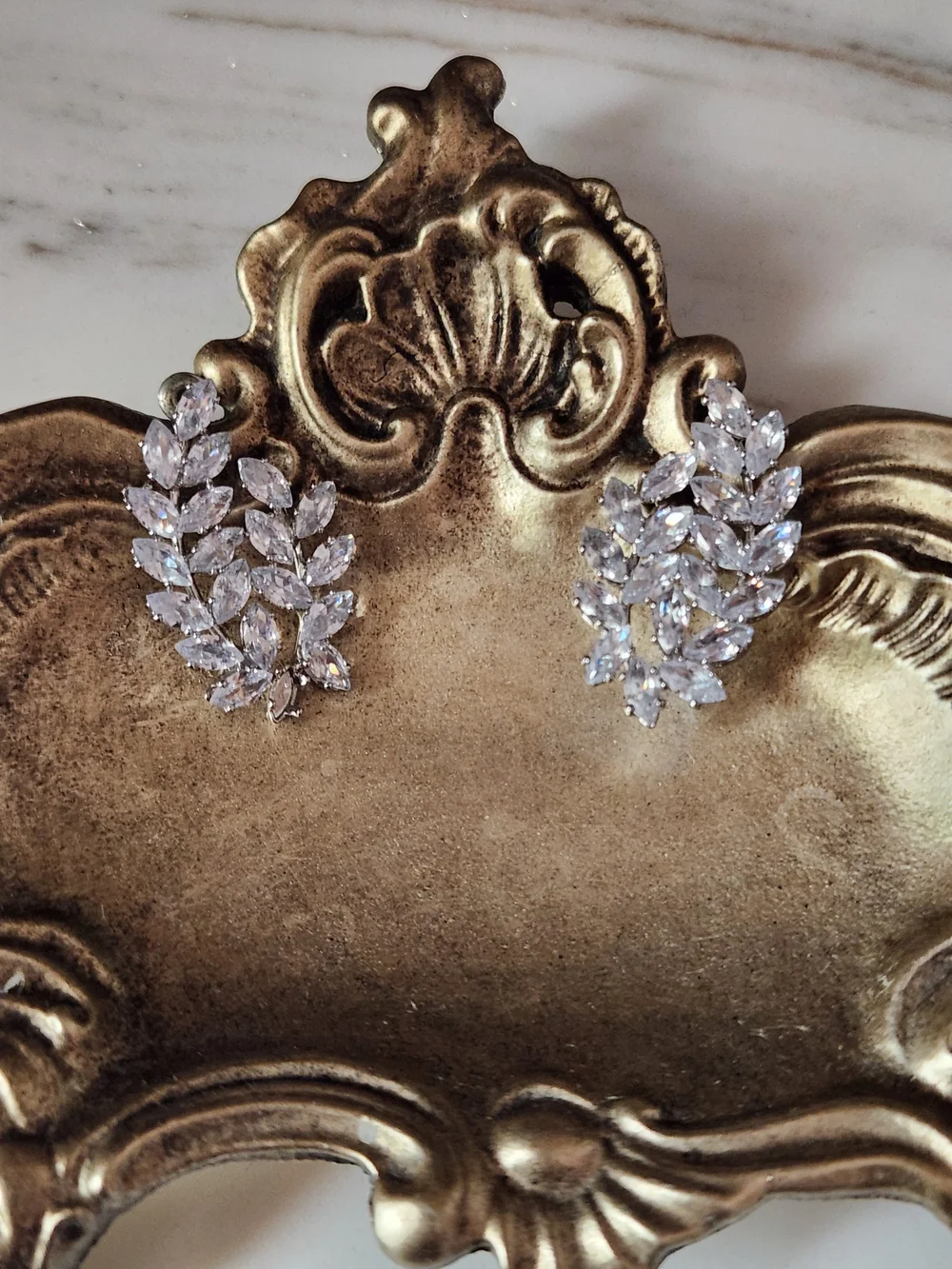 Crystal Leaf Cluster Earrings - Gold Tone